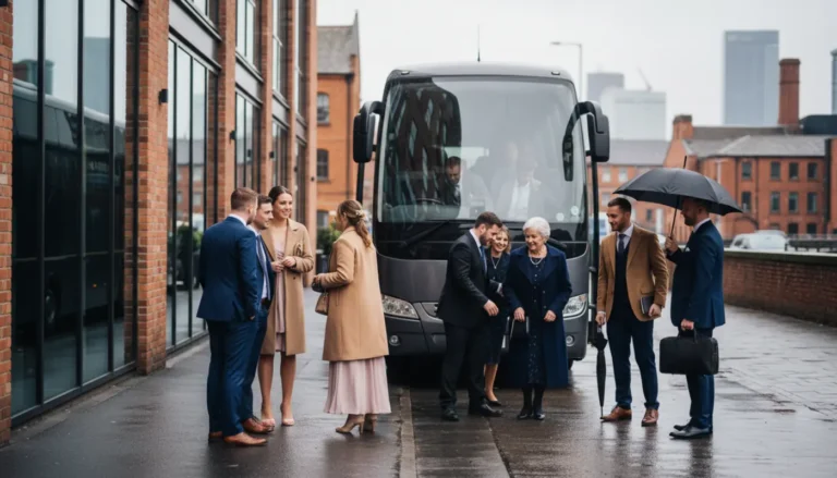 Wedding guests boarding a coach outside a Manchester hotel for organised group transport