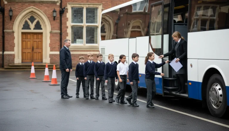 Teachers supervise pupils boarding an unbranded coach for a safe UK school trip