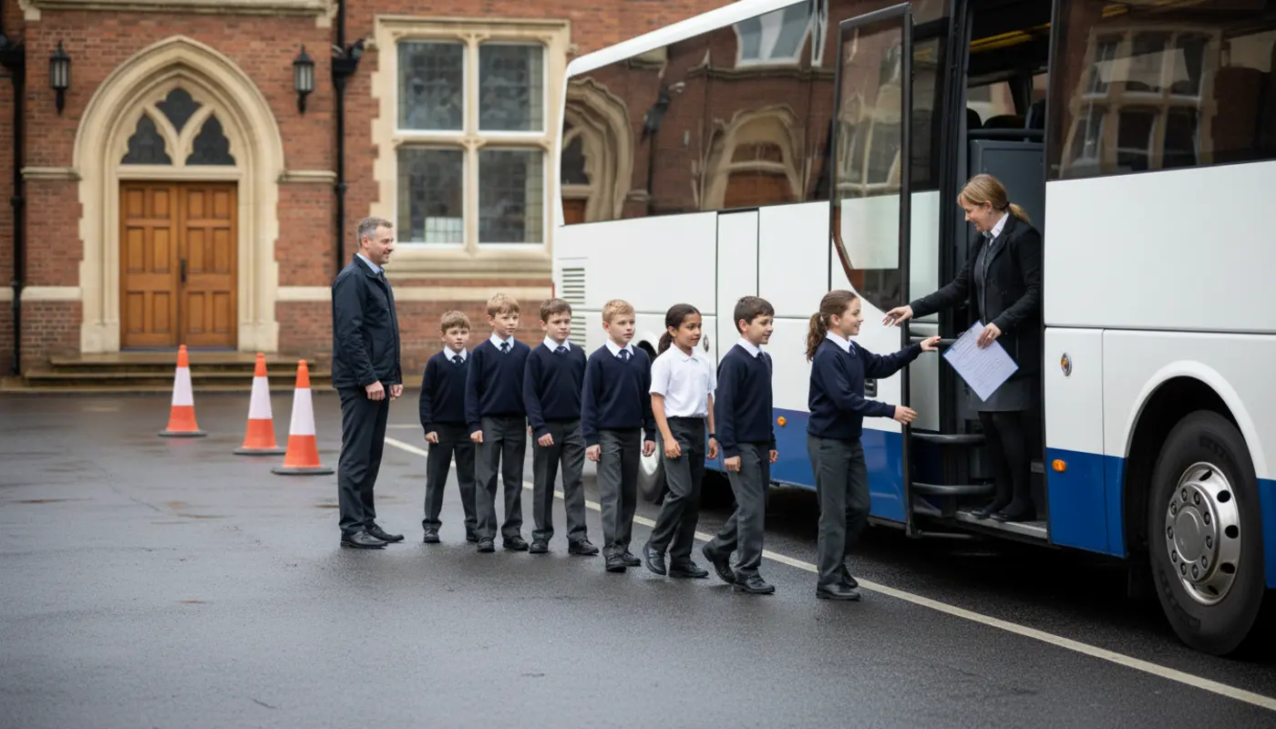 Teachers supervise pupils boarding an unbranded coach for a safe UK school trip