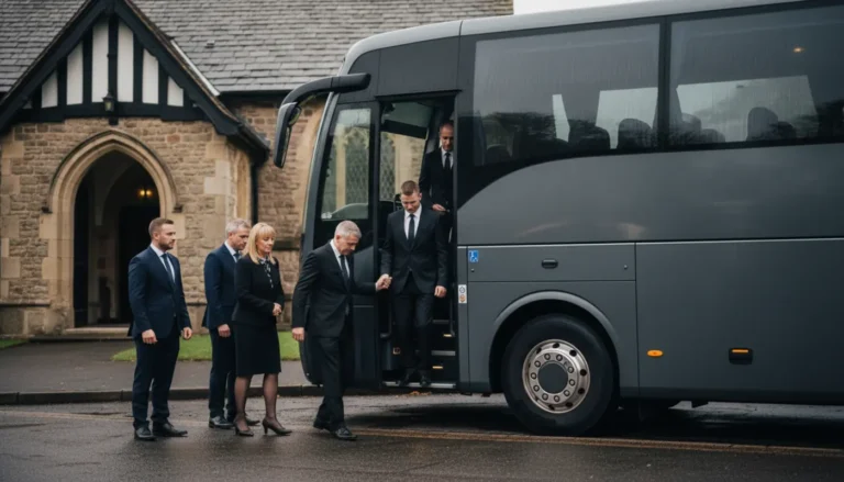 Family and friends boarding a funeral coach outside a UK church