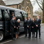 Mourners boarding an unbranded minibus for respectful funeral transport in Bolton