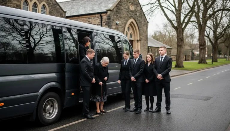 Mourners boarding an unbranded minibus for respectful funeral transport in Bolton