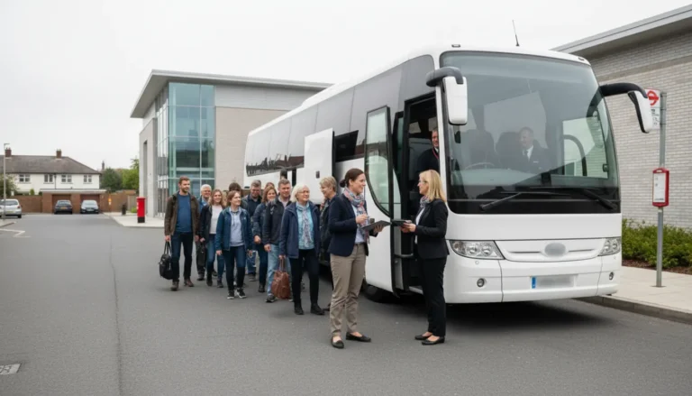 Group boarding an unbranded UK coach for a day hire trip while an organiser checks details