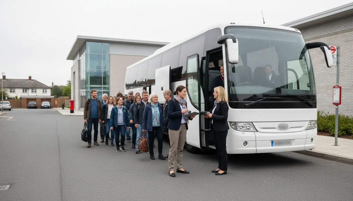 Group boarding an unbranded UK coach for a day hire trip while an organiser checks details