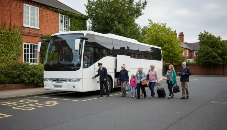 Group boarding an unbranded coach for a planned day trip in a UK town car park