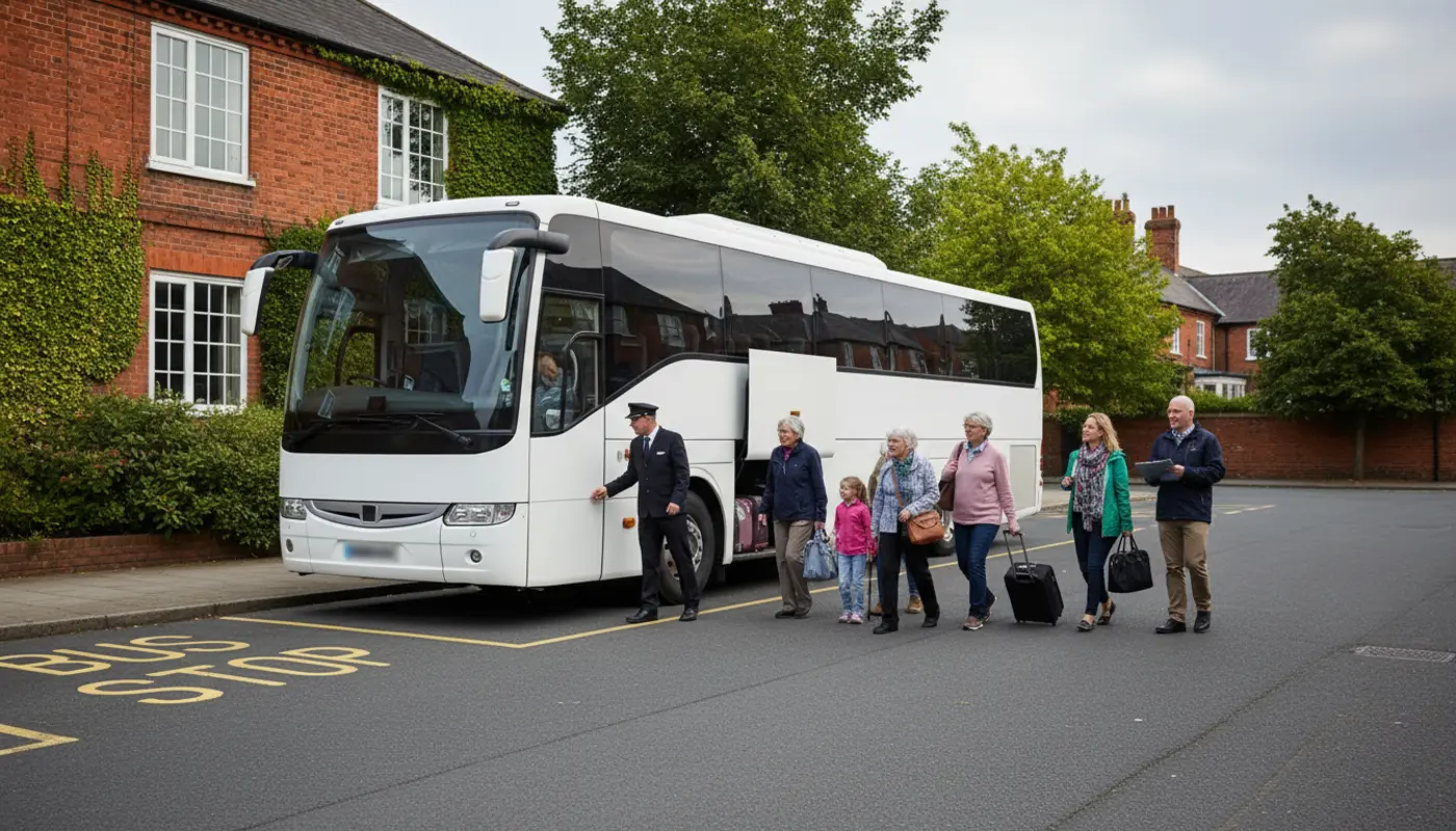 Group boarding an unbranded coach for a planned day trip in a UK town car park