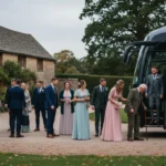 Wedding guests boarding an unbranded coach at a UK countryside venue