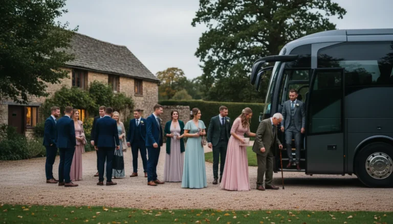 Wedding guests boarding an unbranded coach at a UK countryside venue