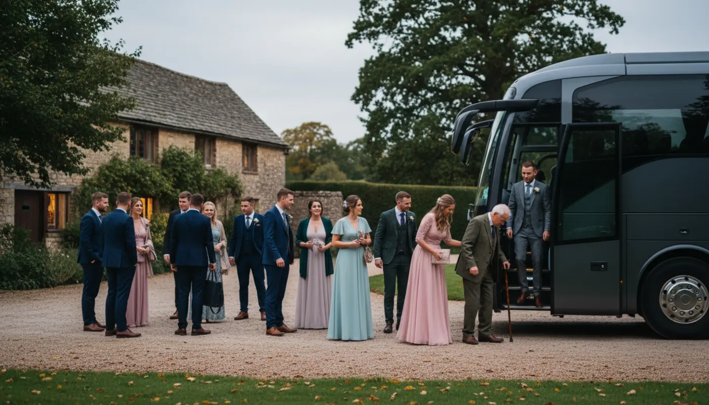 Wedding guests boarding an unbranded coach at a UK countryside venue