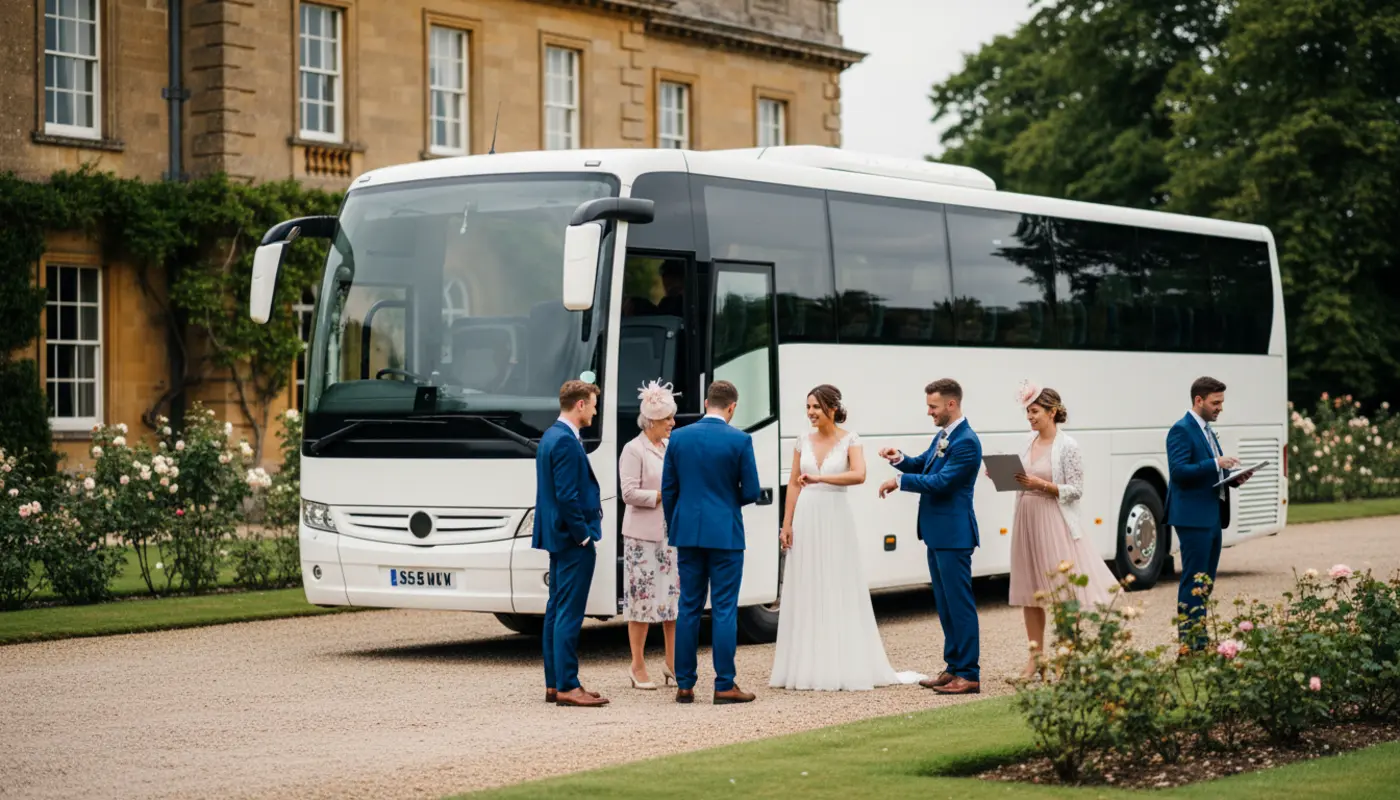 Wedding guests boarding an unbranded coach at a UK countryside venue