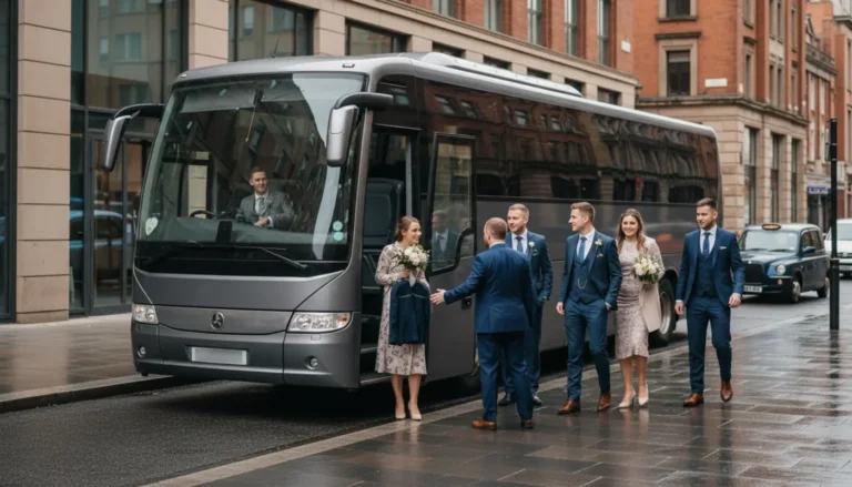 Wedding guests boarding an unbranded coach outside a Manchester city centre hotel