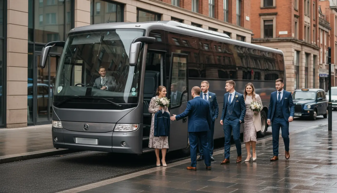Wedding guests boarding an unbranded coach outside a Manchester city centre hotel