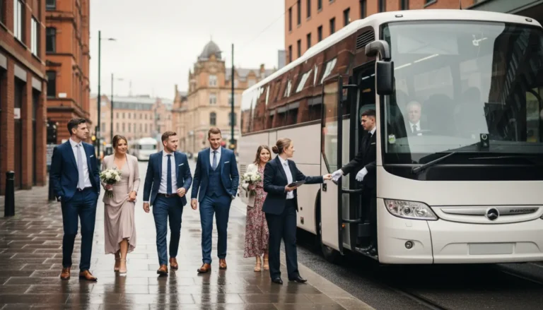 Wedding guests boarding a private coach outside a Manchester venue after rain