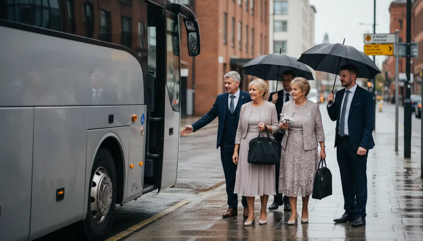 Wedding guests boarding a coach for Manchester wedding transport