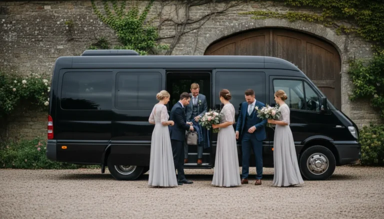 Small wedding party boarding an unbranded minibus at a UK countryside venue