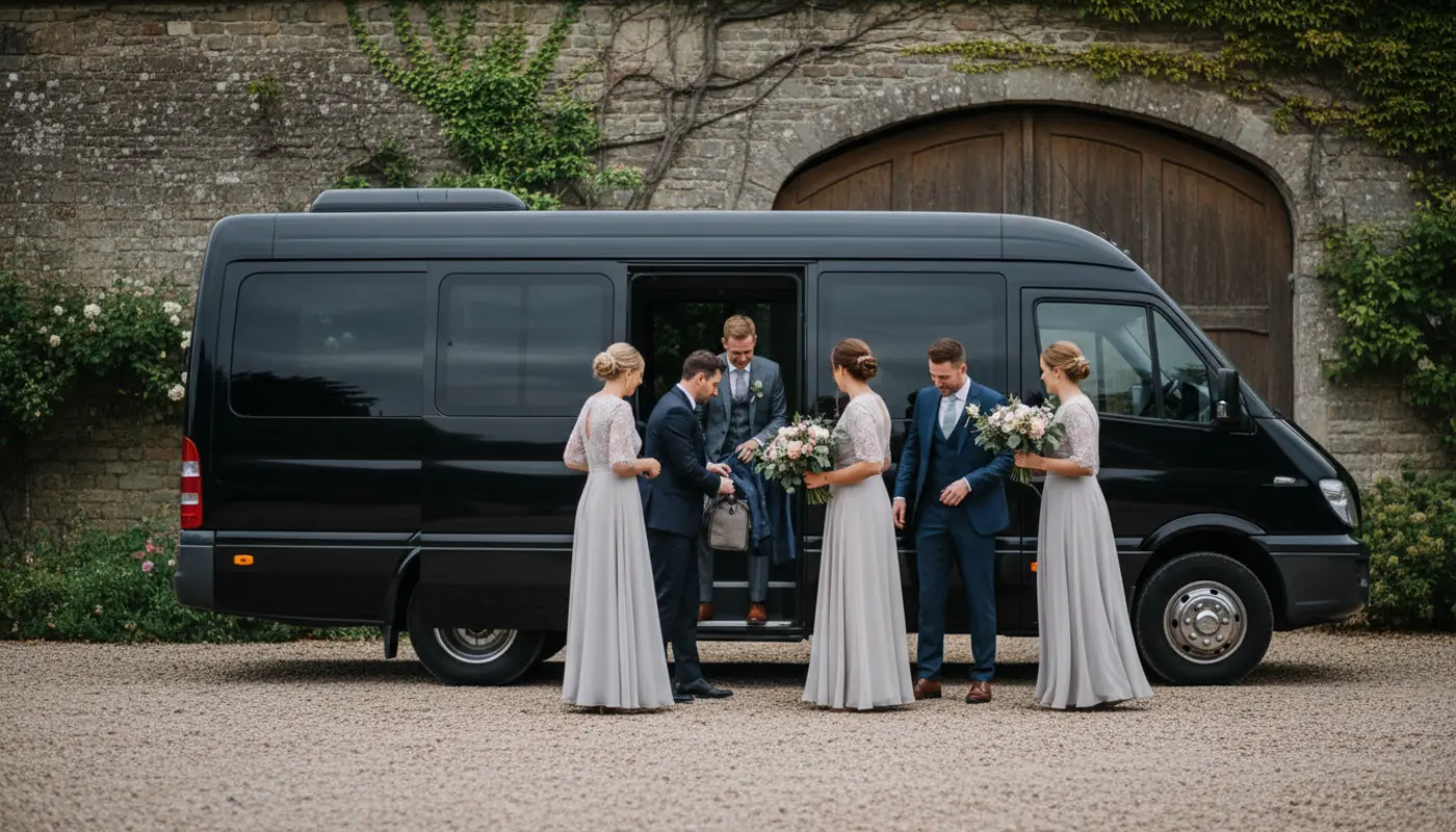 Small wedding party boarding an unbranded minibus at a UK countryside venue